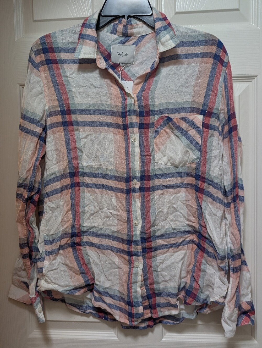 NWT Rails Charli Shirt White Melon Sage Check Plaid Size Small Button Down Shirt